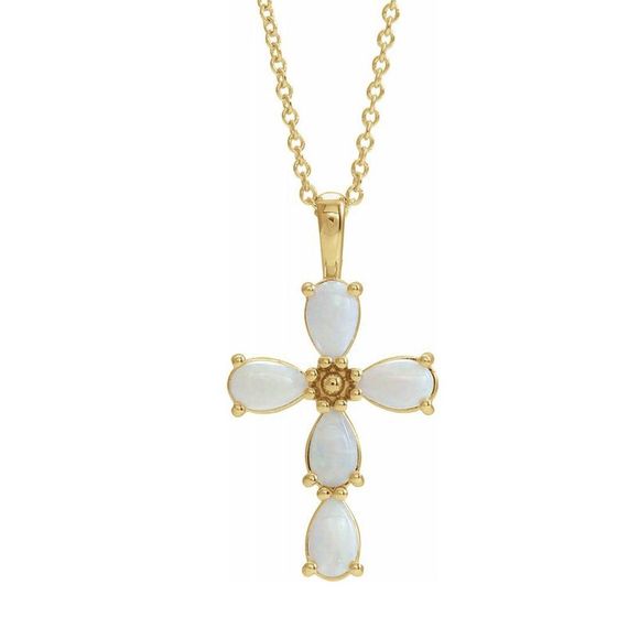 14K Yellow Gold Cabochon White Opal Cross Necklace 16-18 Inch
